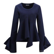 Women Blouse Navy Blue Tops Shirts Flare Long Sleeve O Neck Irregaular Spring Summer Fashion Ruffled Ladies Female Tops Blusas